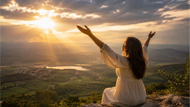 girl raising hands in prayer on a mountaintop at sunrise, reflecting God's blessings, grace, and gratitude