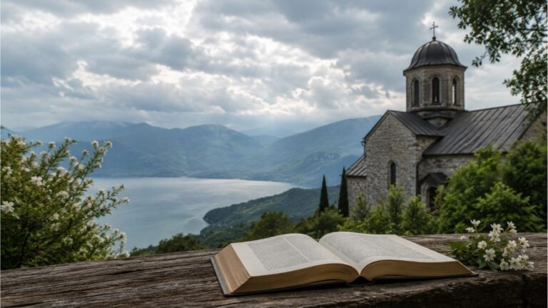Open Bible on a rustic wooden table overlooking a peaceful church, lake, and mountains beneath cloudy skies