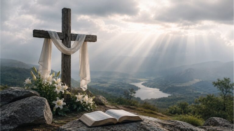 Wooden cross with white lilies overlooking a peaceful valley under soft cloudy daylight representing God's love and blessings