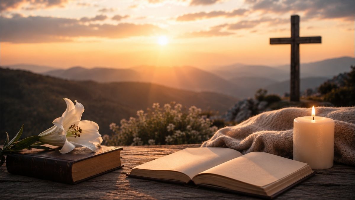 White lily, candle, open book, and distant cross at sunrise reflecting comfort, faith, and hope after loss