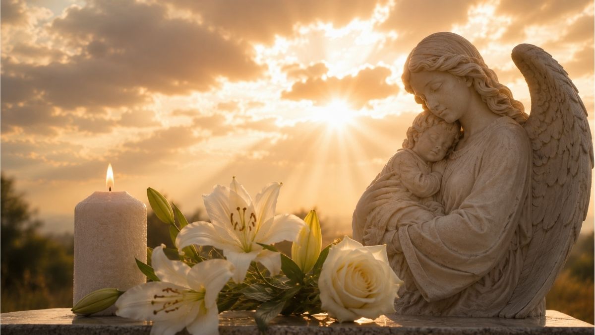 Angel statue with white lilies and a glowing candle at sunrise honoring a mother in Christian memorial poetry