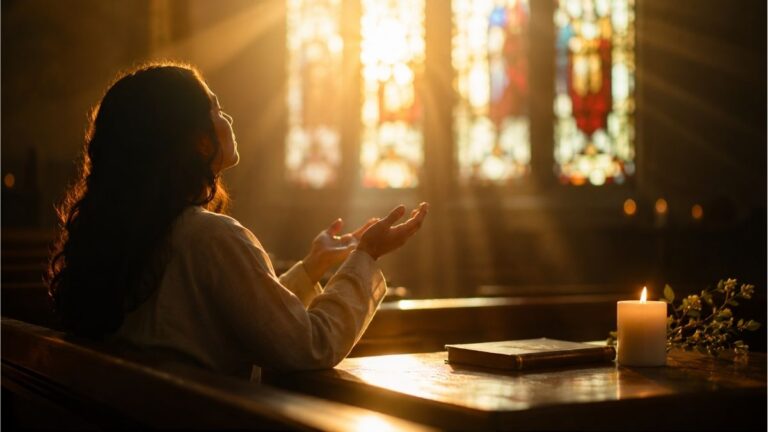 Young girl praying in a sunlit church with candlelight and stained glass reflecting worship and thanksgiving to God
