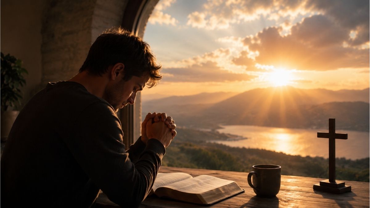 Young man praying beside an open Bible with a cross and sunrise, reflecting Christian faith and answered prayer