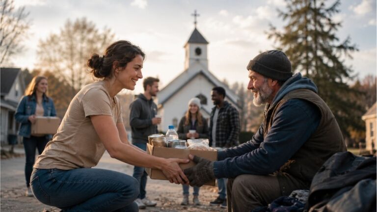 Church volunteers helping a man with a care package outside a church, reflecting Christian kindness and compassion