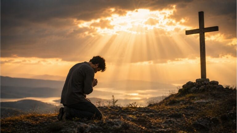 Person kneeling in prayer beside a wooden cross under golden sunlight, reflecting Christian poems about sin, repentance, and God's forgiveness
