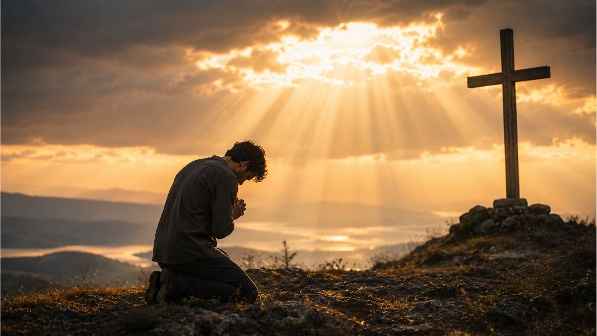 Person kneeling in prayer beside a wooden cross under golden sunlight, reflecting Christian poems about sin, repentance, and God's forgiveness