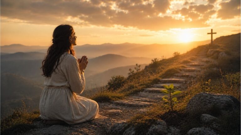 Women praying on a mountain path at sunrise with a distant cross and young plant symbolizing spiritual growth and seeking God