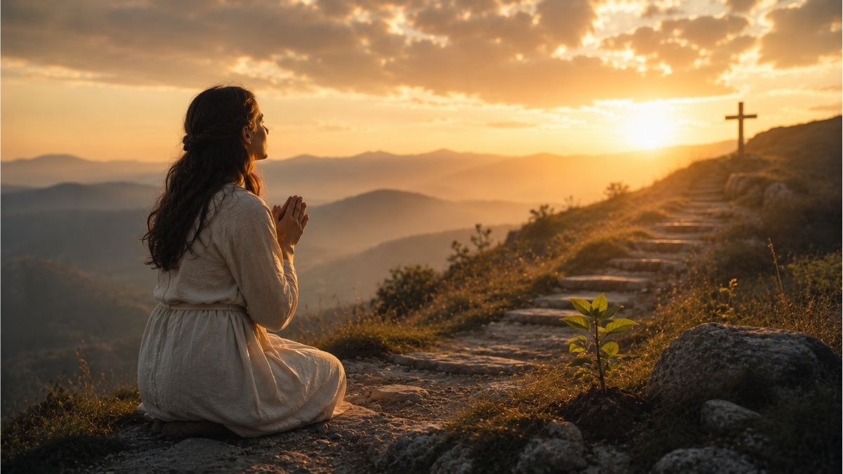 Women praying on a mountain path at sunrise with a distant cross and young plant symbolizing spiritual growth and seeking God