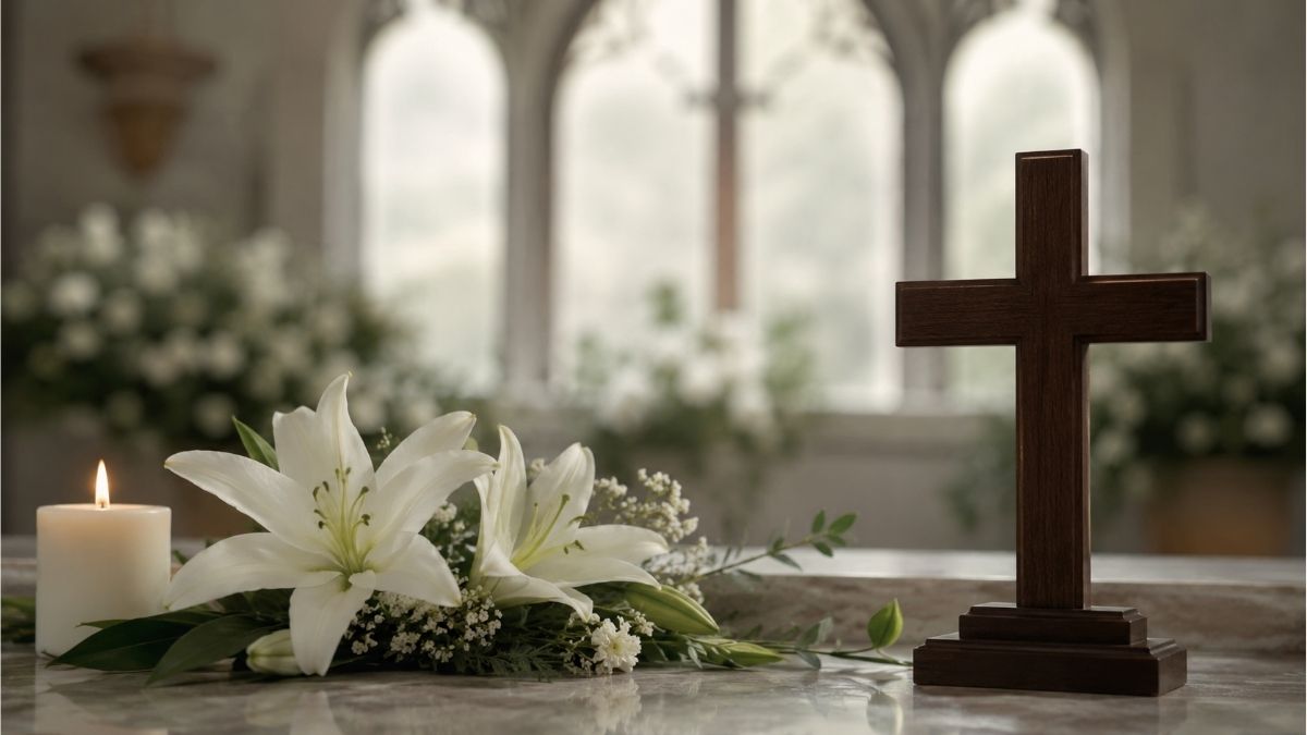 Wooden cross, white lilies, and a lit candle inside a peaceful church for Christian funeral remembrance
