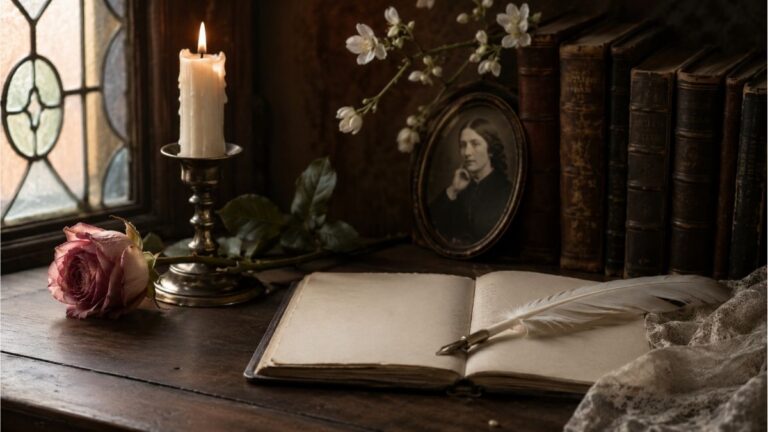 Vintage writing desk with an open notebook, rose, candle, and classic books inspired by the themes of Christina Rossetti poems
