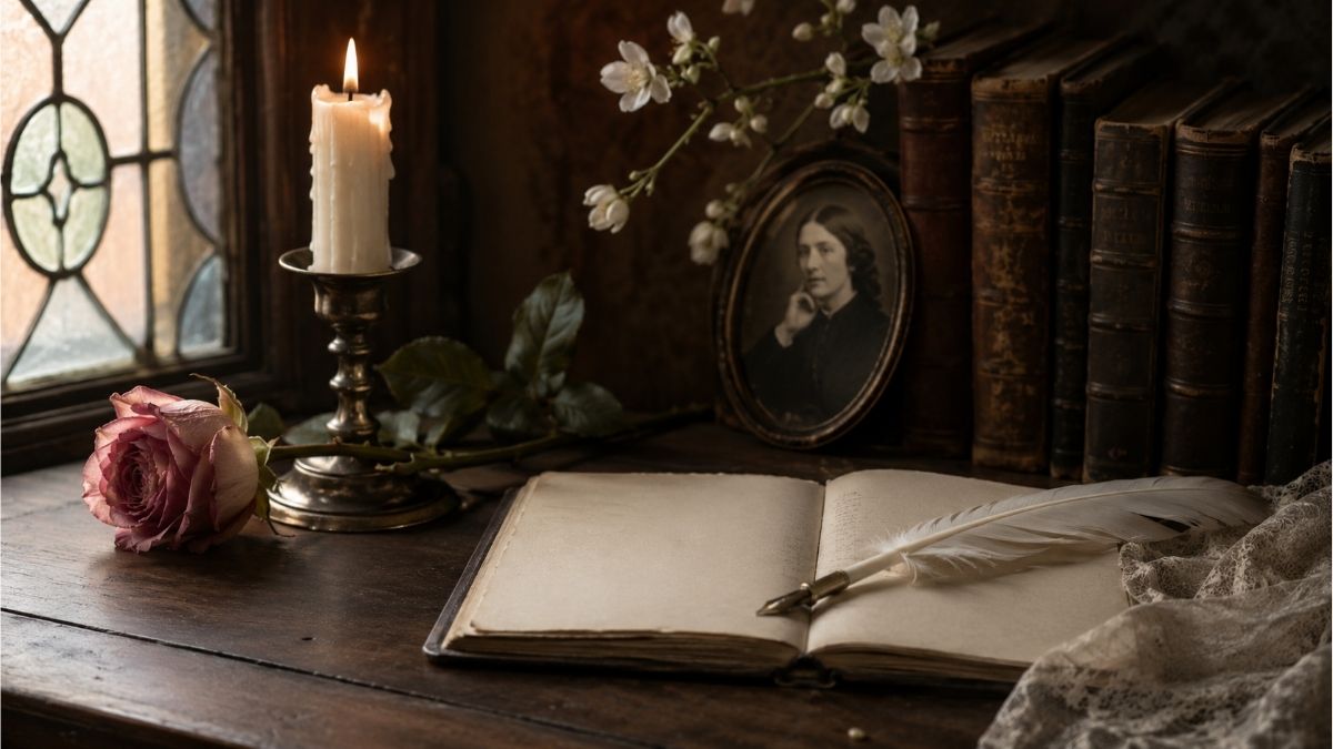Vintage writing desk with an open notebook, rose, candle, and classic books inspired by the themes of Christina Rossetti poems