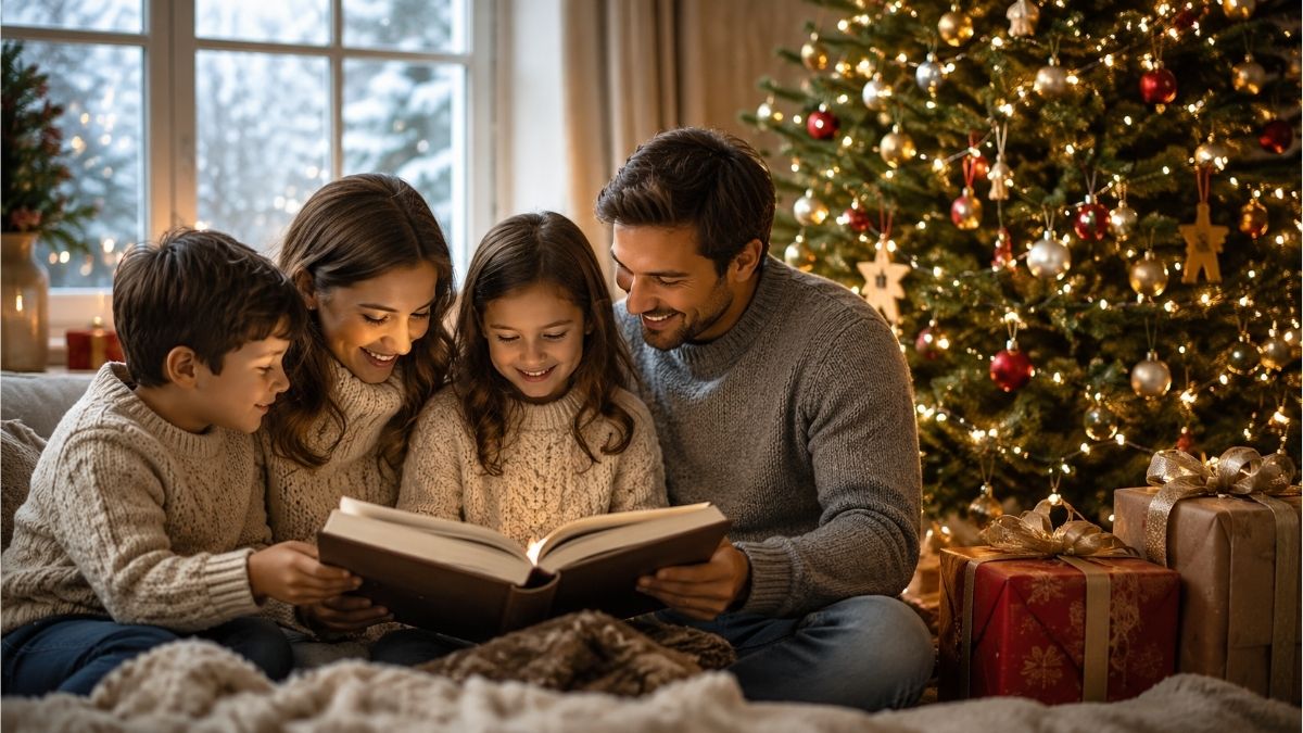 Family reading a poetry book together beside a decorated Christmas tree in a cozy holiday home