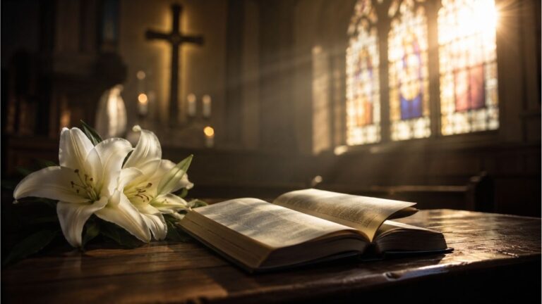 Open Bible with white lilies in a peaceful church illuminated by warm stained-glass light, reflecting the faith and themes of Clara McAlister Brooks hymns
