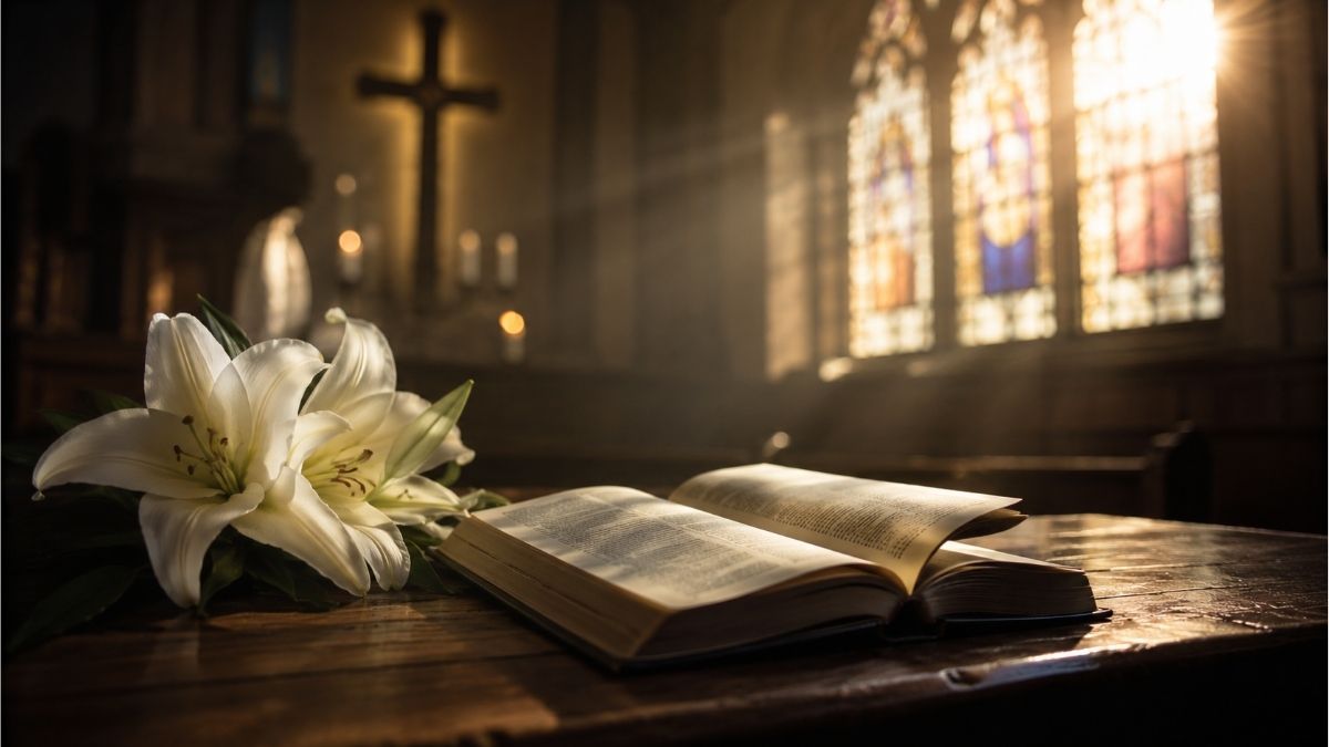 Open Bible with white lilies in a peaceful church illuminated by warm stained-glass light, reflecting the faith and themes of Clara McAlister Brooks hymns
