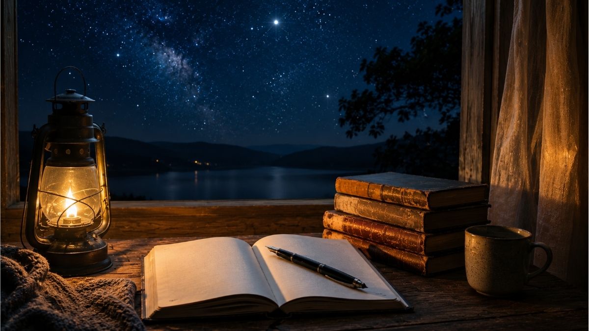 Open journal and vintage books on a wooden desk beneath a star-filled night sky viewed through a window