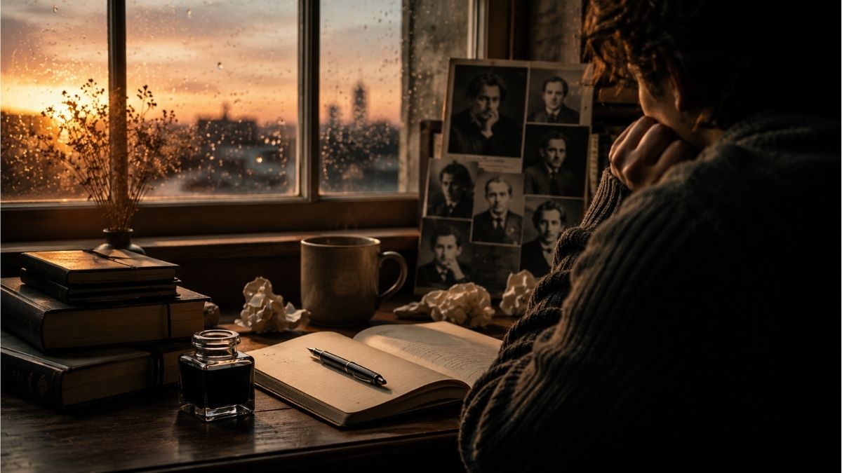 Writer sitting at a desk beside a rainy window with books and journal reflecting the personal nature of confessional poetry