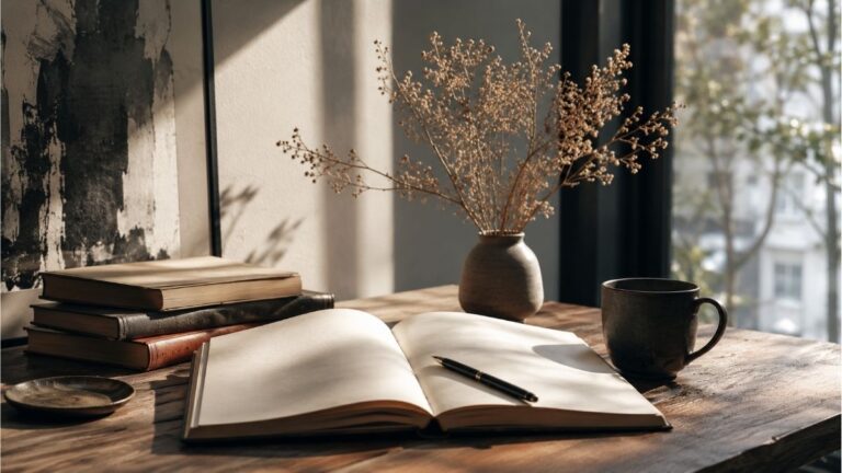 Open notebook with a pen on a wooden desk beside books and a coffee mug in a bright writing space for contemporary poetry