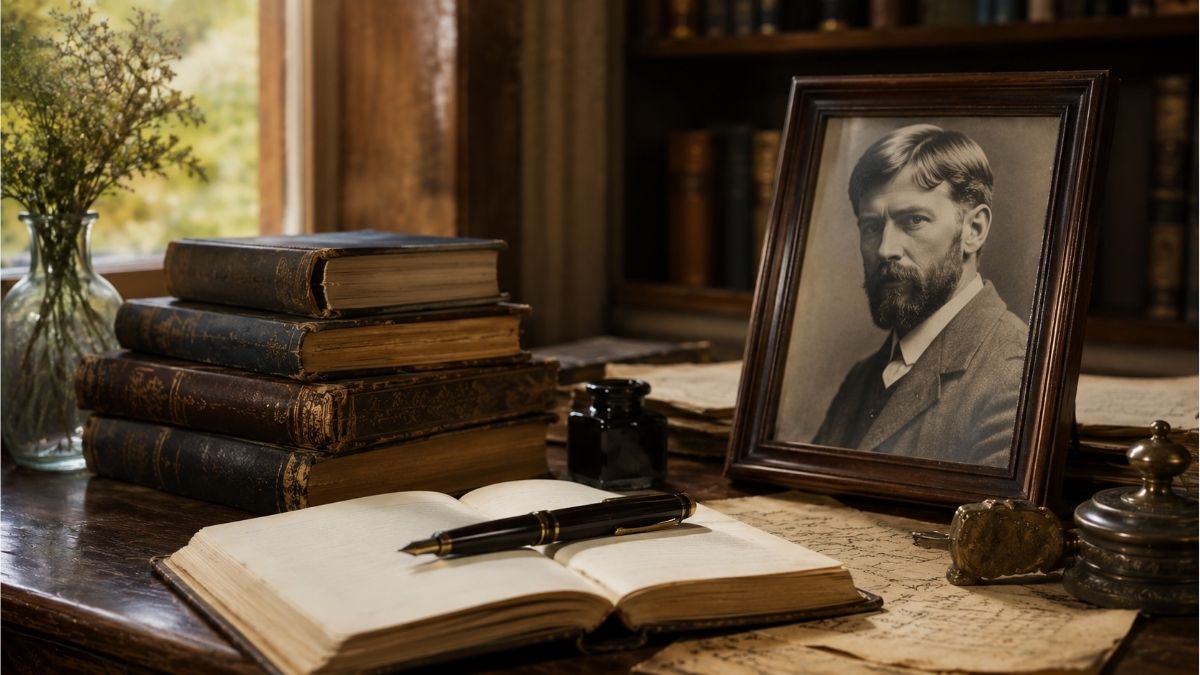 Classic writing desk with vintage books, an open notebook, fountain pen, and a framed portrait representing D. H. Lawrence poems and quotes with meanings