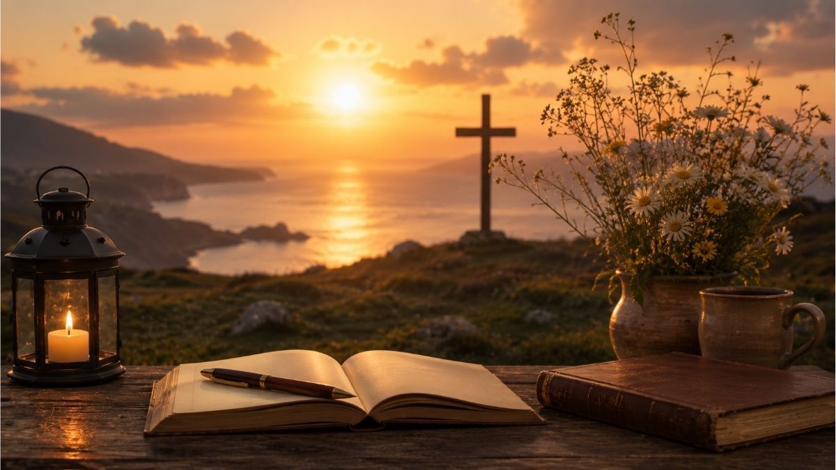 Open notebook, lantern, wildflowers, and a hilltop cross overlooking a peaceful sunset landscape
