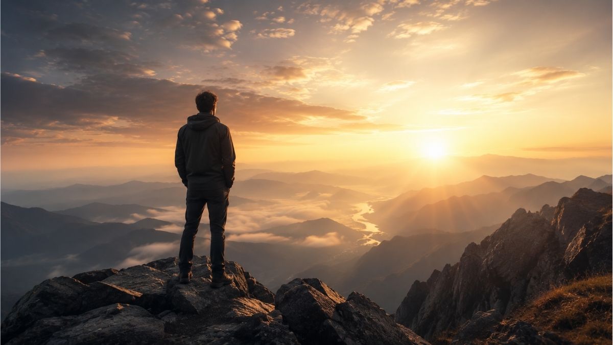 Person standing on a mountain summit at sunrise overlooking a valley, representing the inspiring themes of David V. Bush poems