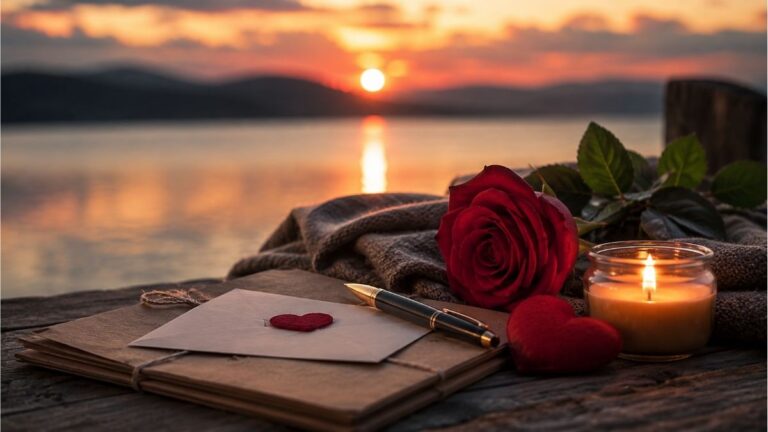 Red rose, handwritten love letter, candle, and fountain pen beside a peaceful lake at sunset