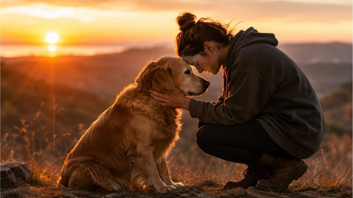 Golden Retriever sharing a gentle moment with its owner at sunset, symbolizing unconditional love and loyalty