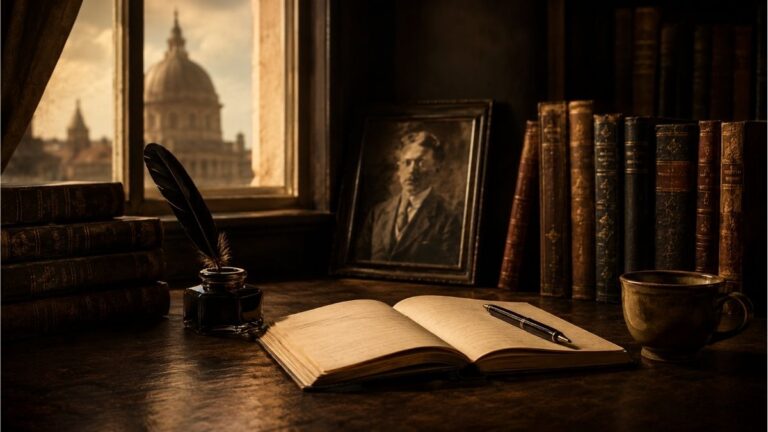 Vintage writing desk with classic books, an open notebook, and a framed portrait in a warmly lit literary study
