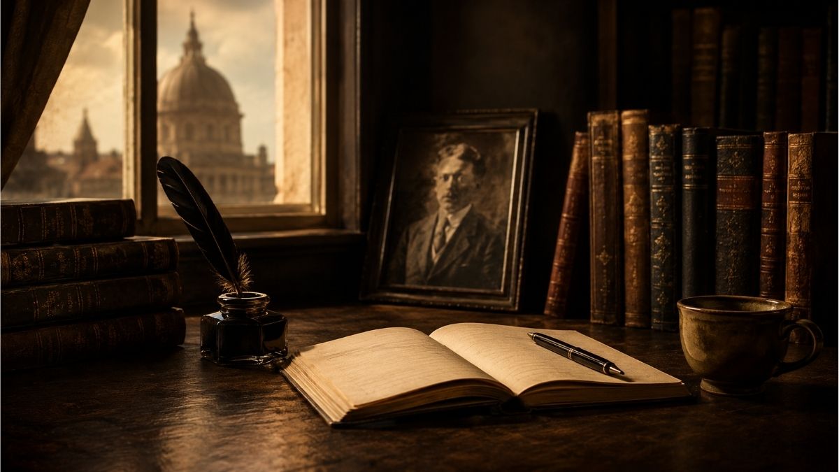 Vintage writing desk with classic books, an open notebook, and a framed portrait in a warmly lit literary study