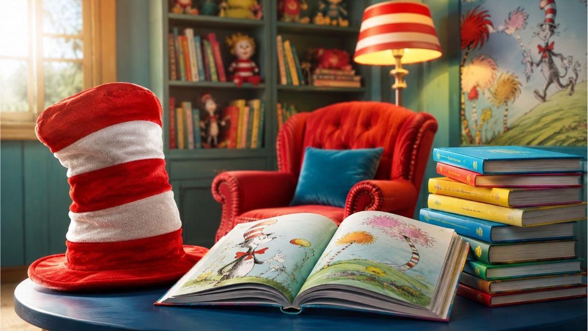 Colorful reading nook with a whimsical striped hat, open children's book, and classic storybooks inspired by Dr. Seuss literature