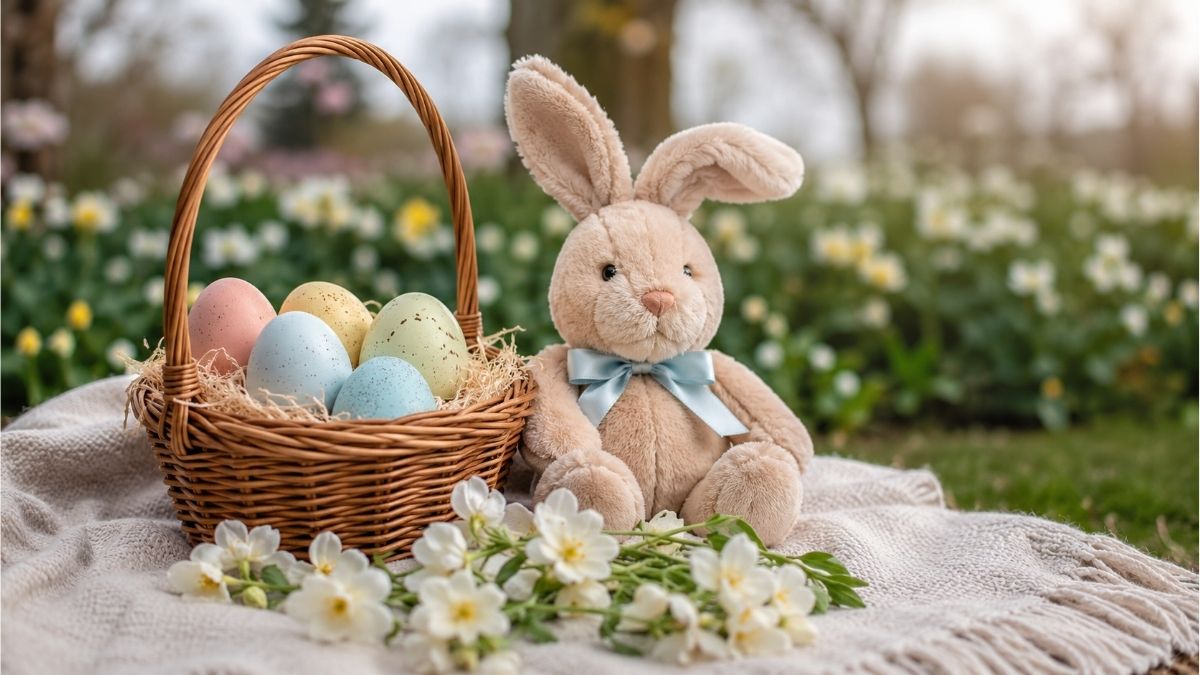 Easter basket with pastel eggs, a plush bunny, and spring blossoms in a peaceful garden setting for Easter poems