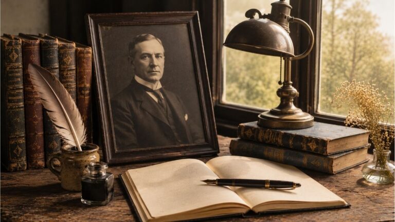 Vintage writing desk with classic books, fountain pen, and a framed portrait representing Edgar A. Guest