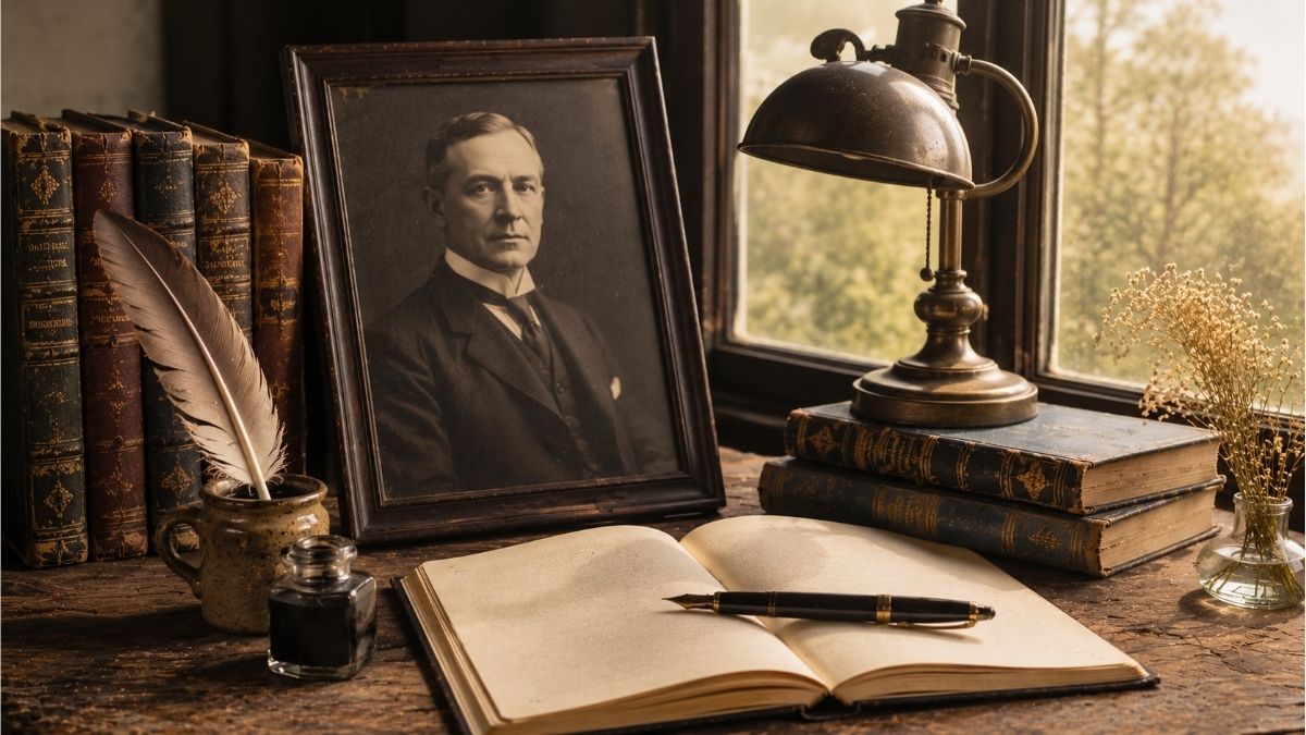 Vintage writing desk with classic books, fountain pen, and a framed portrait representing Edgar A. Guest