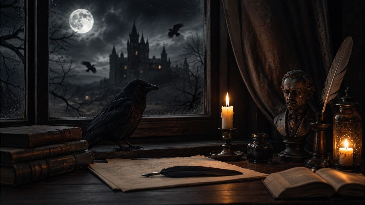 Dark literary study with a raven, candlelight, antique books, quill, and moonlit gothic window representing Edgar Allan Poe poems and analysis