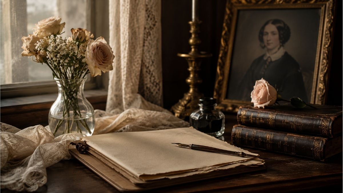 Victorian woman gazing through a window beside books, roses, and a writing desk inspired by Elizabeth Barrett Browning poems