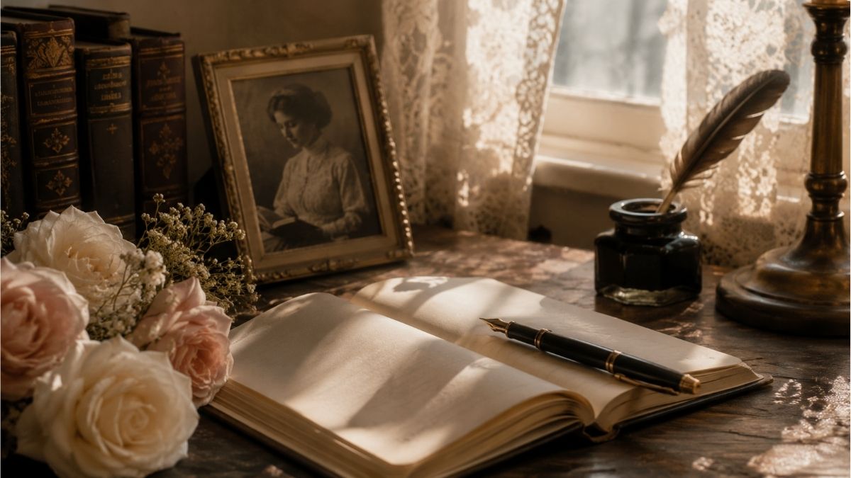 Vintage writing desk with an open notebook, fountain pen, classic books, and soft window light representing Ella Wheeler Wilcox poems and literary analysis