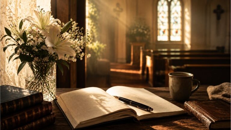 Open notebook with fountain pen, classic books and white lilies in a softly lit chapel for Ellwood Haines Stokes hymns and poetry analysis