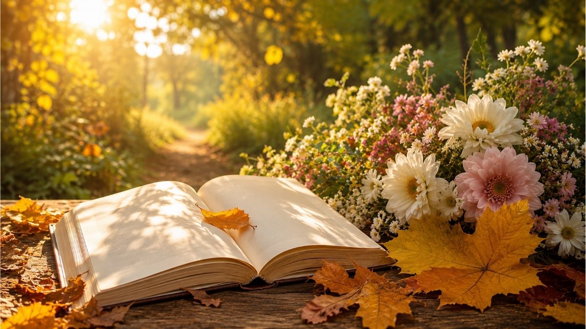 Open book surrounded by blooming flowers and golden autumn leaves along a sunlit woodland path