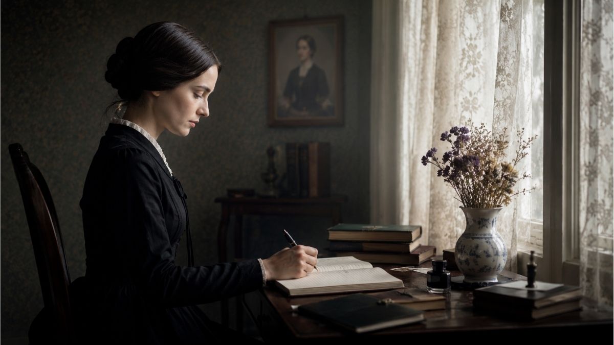 Woman in a nineteenth-century writing room composing poetry beside classic books and a softly lit window