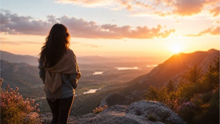 Woman overlooking a sunrise from a mountain viewpoint, representing strength, courage, and hope for women