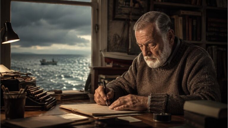 Vintage writer at a desk with a typewriter overlooking the sea, representing Ernest Hemingway’s famous poems and literary legacy