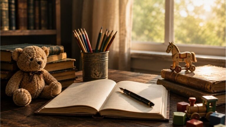 Open notebook with a fountain pen, teddy bear, wooden toys, and classic books in a cozy reading nook