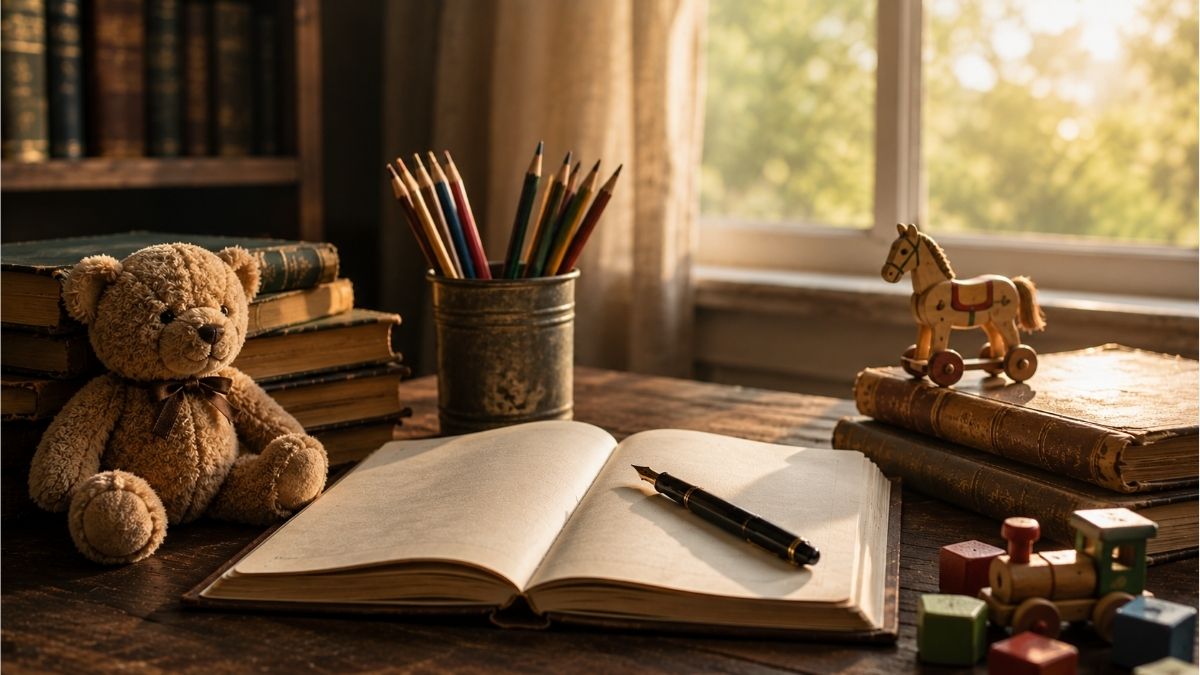 Open notebook with a fountain pen, teddy bear, wooden toys, and classic books in a cozy reading nook
