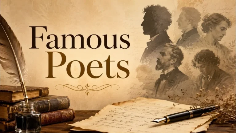 Famous poets collection with vintage portraits, books, quill and handwritten poetry