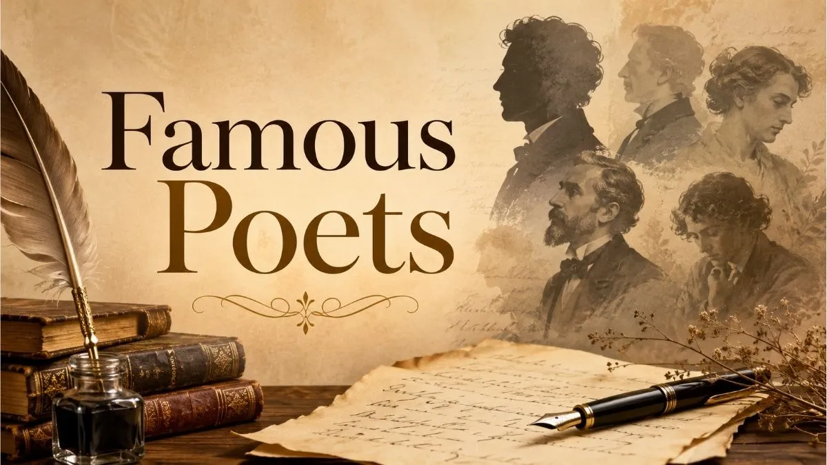 Famous poets collection with vintage portraits, books, quill and handwritten poetry