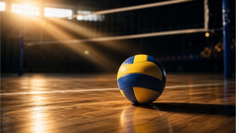 Volleyball resting on a polished indoor court with a net in soft golden light