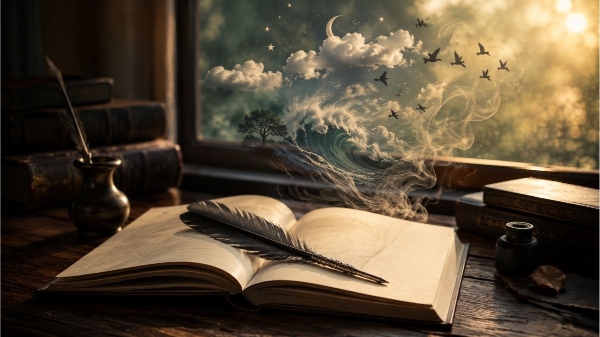 Open notebook with a feather quill on a wooden desk surrounded by classic books and symbolic literary elements representing figurative language in poetry