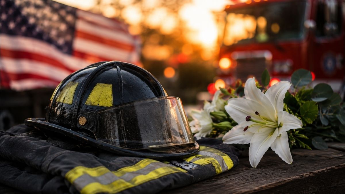 Firefighter helmet resting on turnout gear beside white lilies with a fire truck in the background