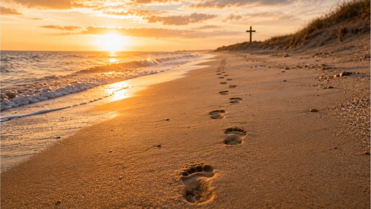 Footprints along a quiet beach at sunset leading toward a distant cross beside the shoreline