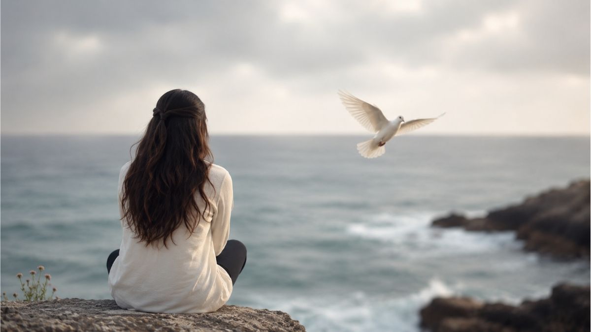 Girl sitting on a rocky coastline watching a white dove fly over the ocean beneath cloudy skies