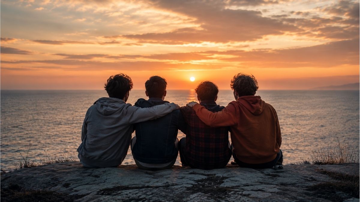 Four friends sitting together on a rocky shore watching the sunset, symbolizing friendship poems and lasting bonds